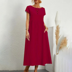 Women's Linen Maxi Dress - Short Sleeve, Round Neck, Relaxed Fit Red