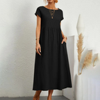 Women's Linen Maxi Dress - Short Sleeve, Round Neck, Relaxed Fit Black