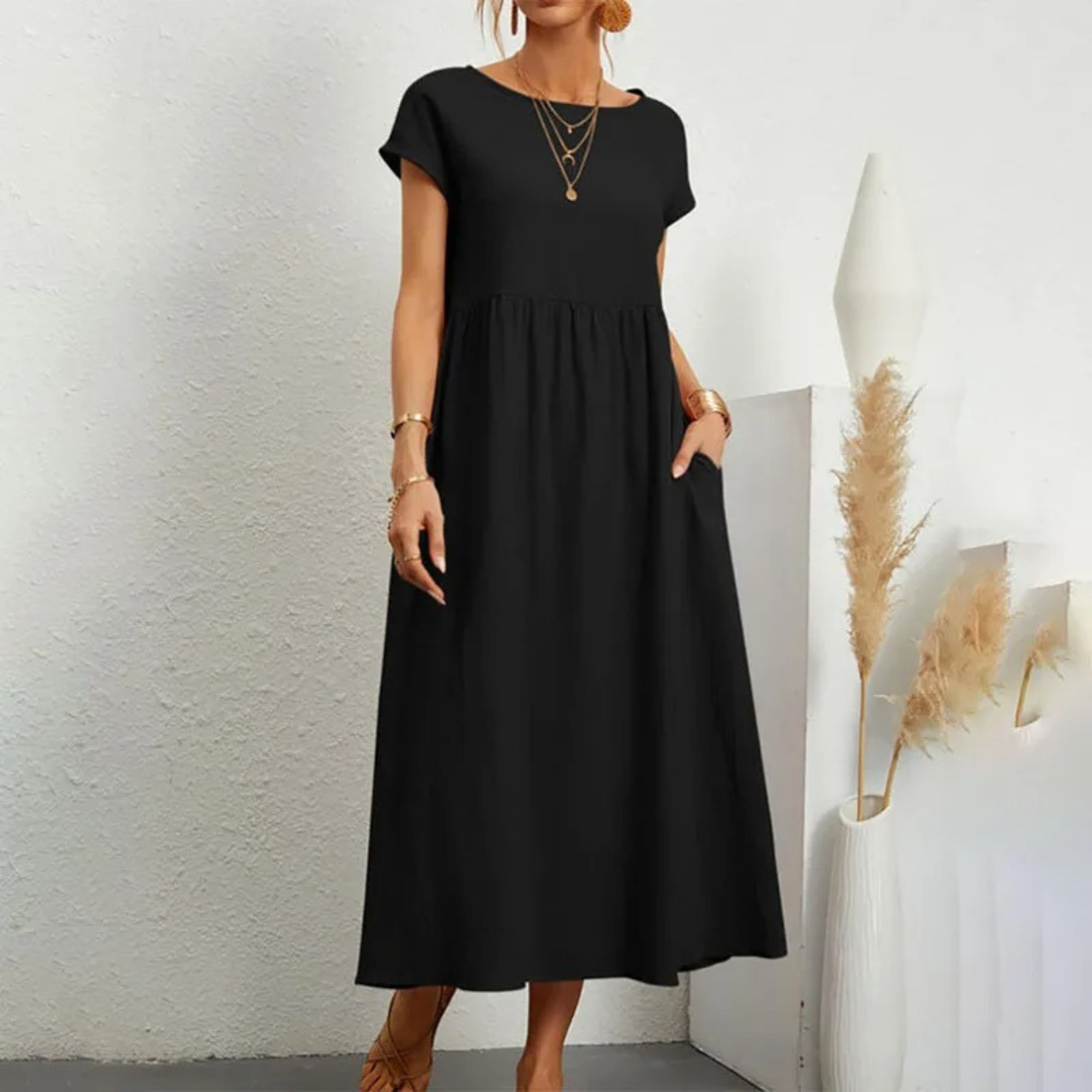 Women's Linen Maxi Dress - Short Sleeve, Round Neck, Relaxed Fit Black
