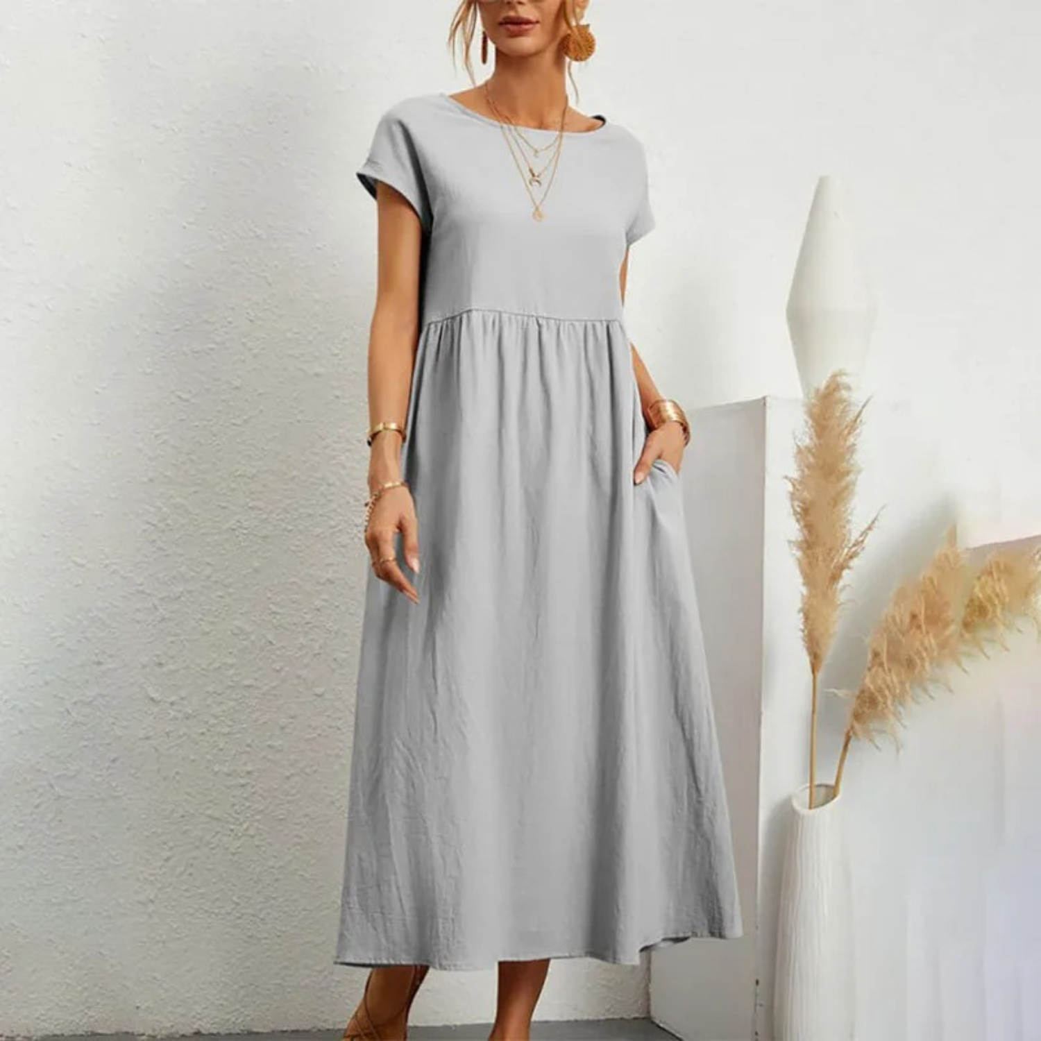 Women's Linen Maxi Dress - Short Sleeve, Round Neck, Relaxed Fit Light grey