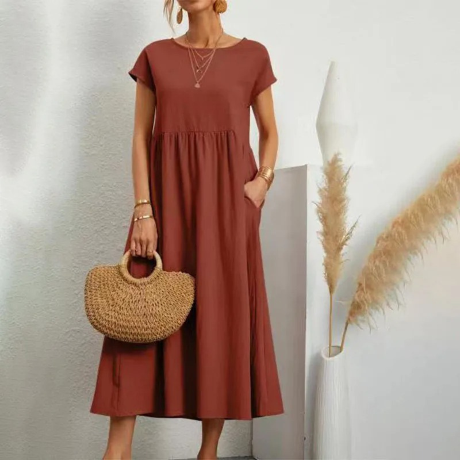 Women's Linen Maxi Dress - Short Sleeve, Round Neck, Relaxed Fit Bordeaux