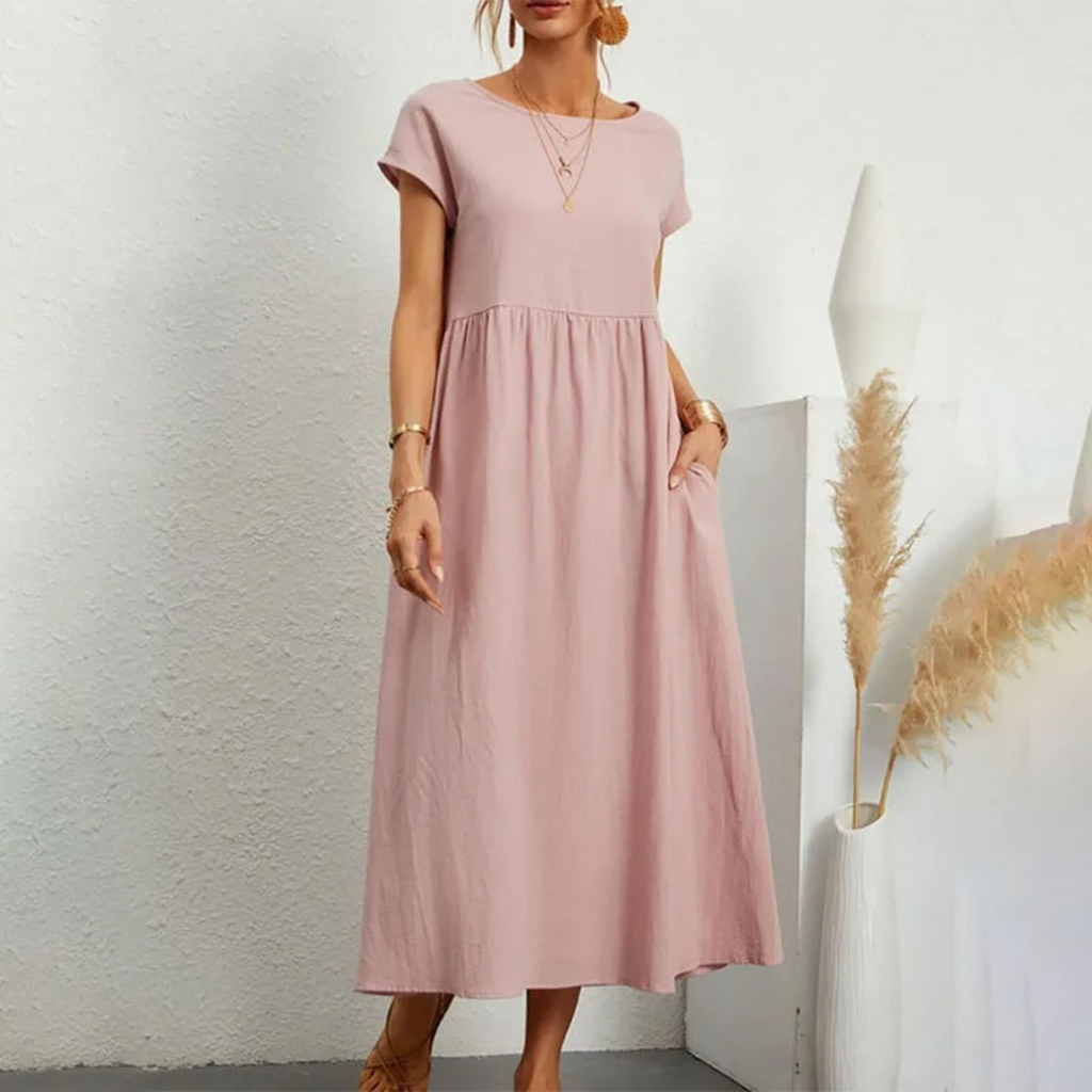 Women's Linen Maxi Dress - Short Sleeve, Round Neck, Relaxed Fit Pink