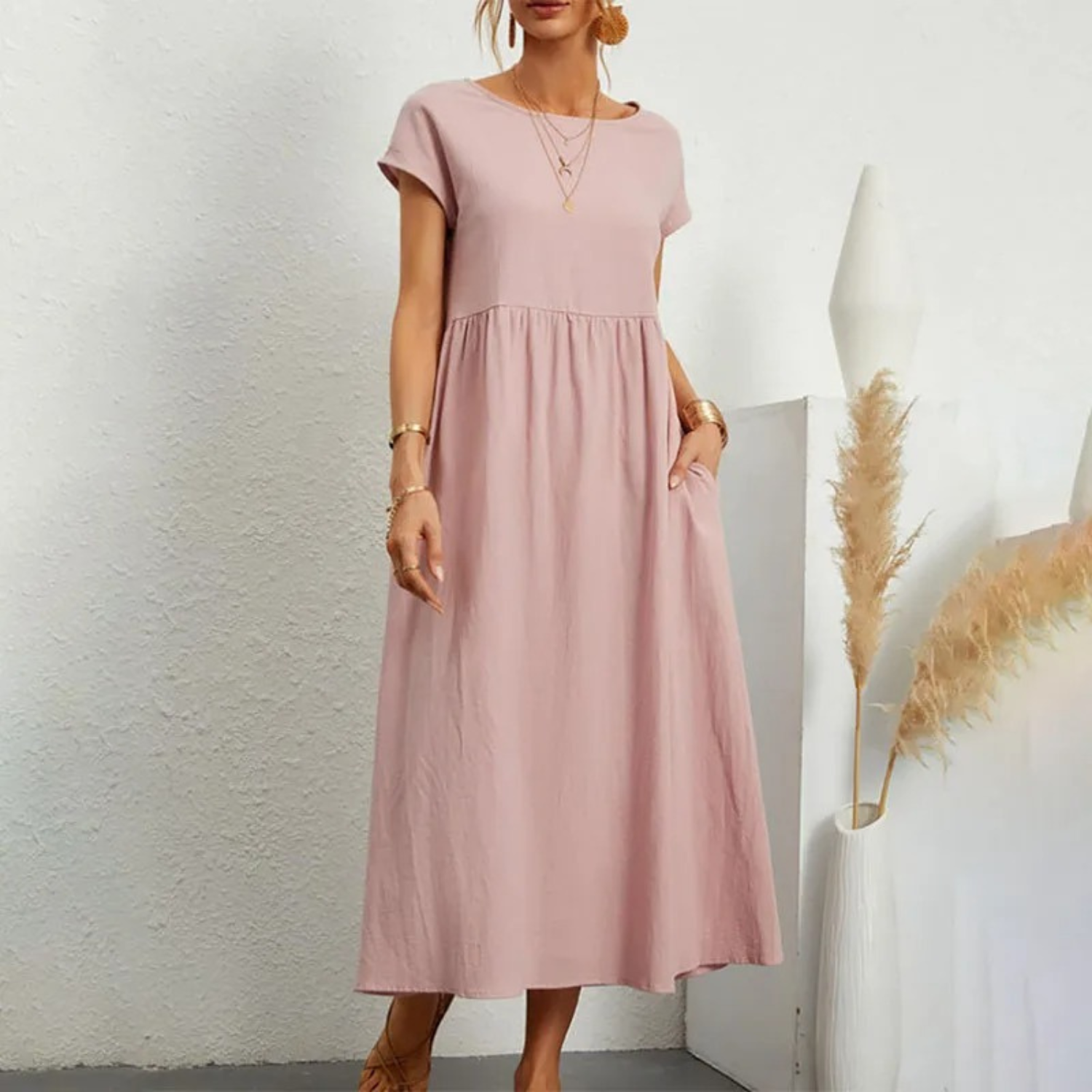 Women's Linen Maxi Dress - Short Sleeve, Round Neck, Relaxed Fit Pink