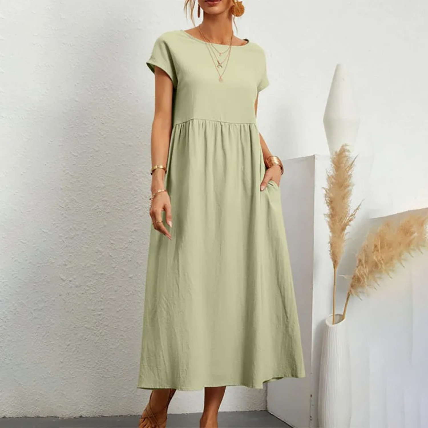 Women's Linen Maxi Dress - Short Sleeve, Round Neck, Relaxed Fit Khaki