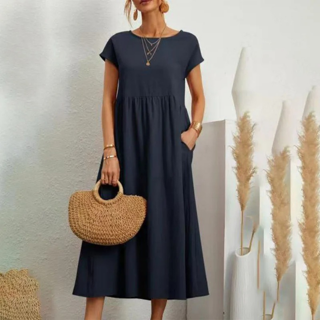 Women's Linen Maxi Dress - Short Sleeve, Round Neck, Relaxed Fit Navy