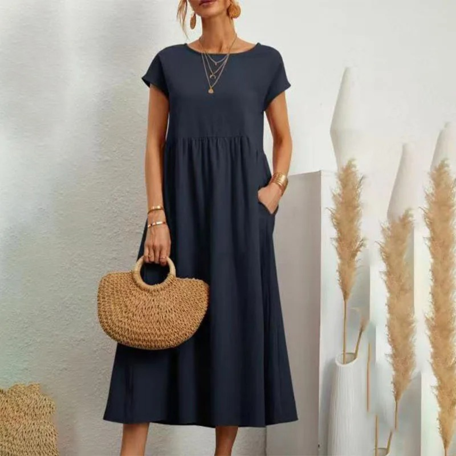 Women's Linen Maxi Dress - Short Sleeve, Round Neck, Relaxed Fit Navy