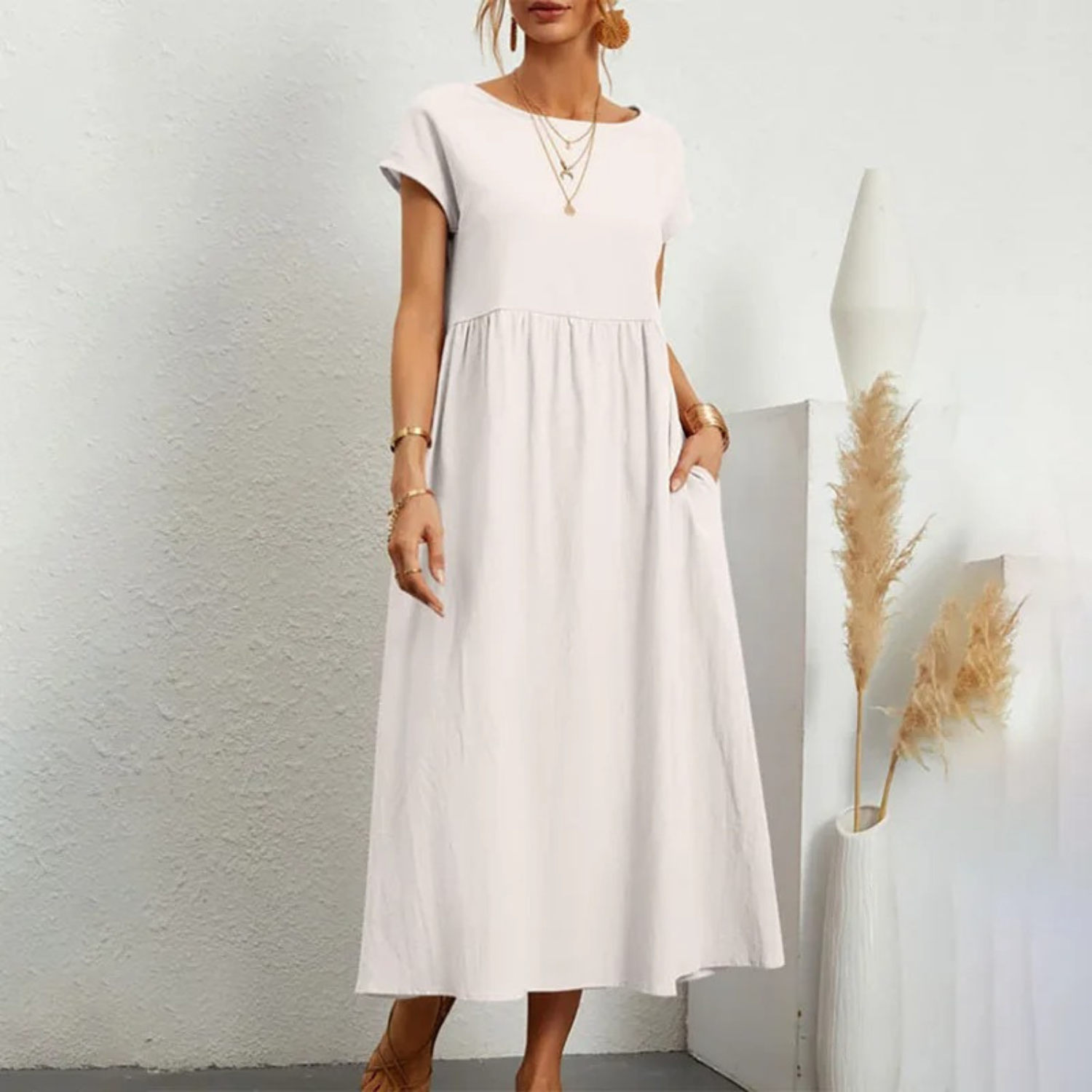 Women's Linen Maxi Dress - Short Sleeve, Round Neck, Relaxed Fit White