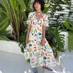 Women's Linen Midi Dress - V-Neck, Loose Fit, Short Sleeve, Button Front | White
