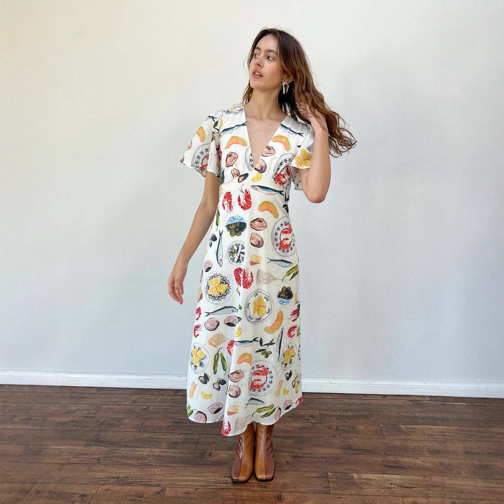 Women's Linen Midi Dress - V-Neck, Loose Fit, Short Sleeve, Button Front | White