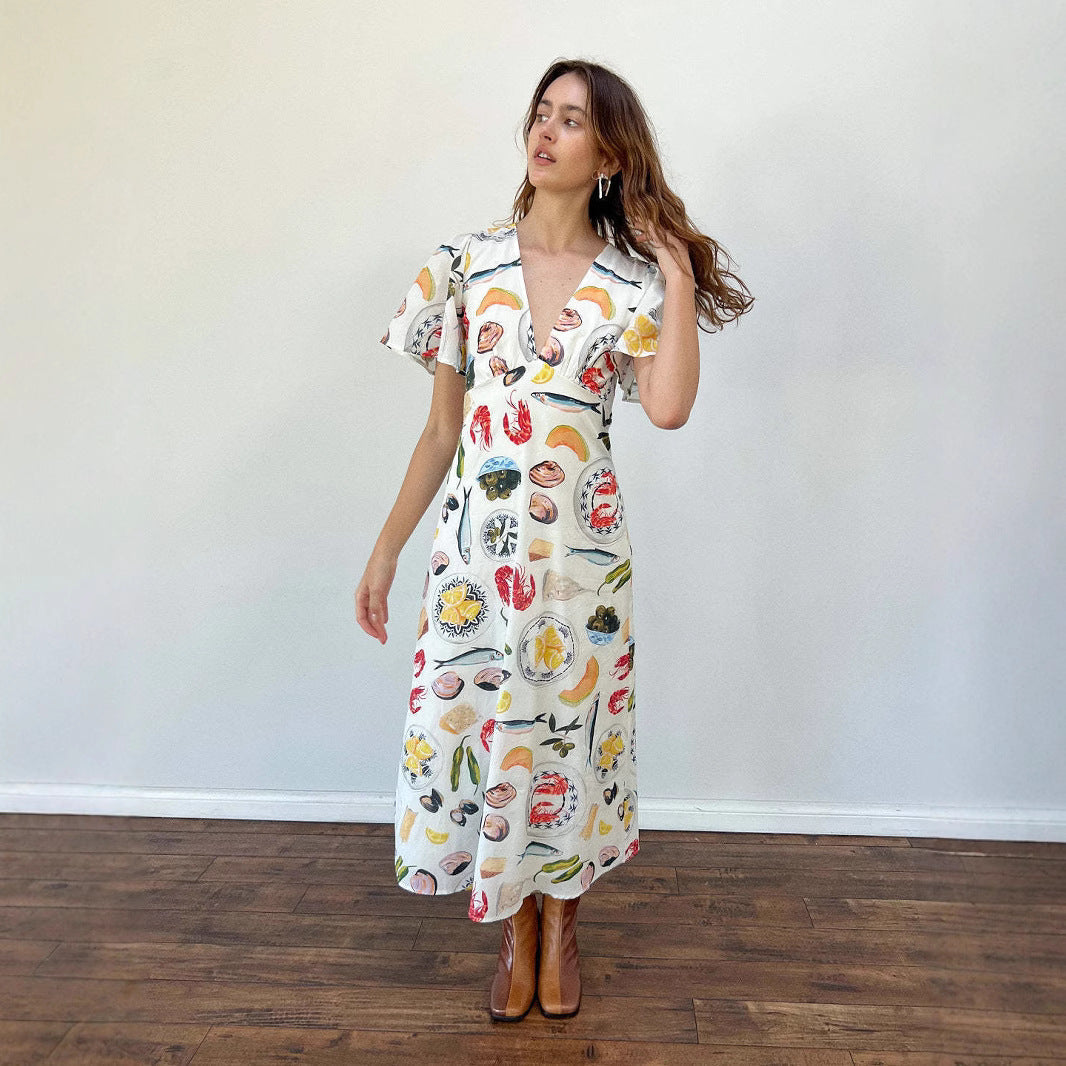 Women's Linen Midi Dress - V-Neck, Loose Fit, Short Sleeve, Button Front | White