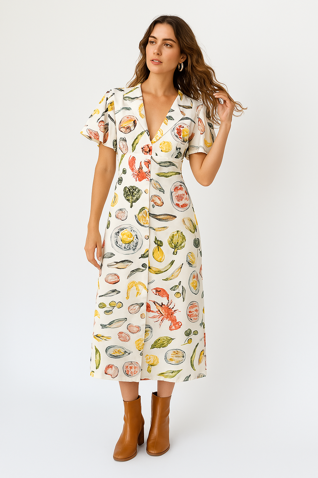 Women's Linen Midi Dress - V-Neck, Loose Fit, Short Sleeve, Button Front | White 2XL
