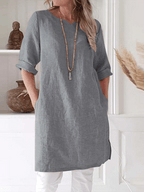 Women's Linen Tunic Dress - Breathable, Relaxed Fit, 3/4 Sleeve, Pockets Grey