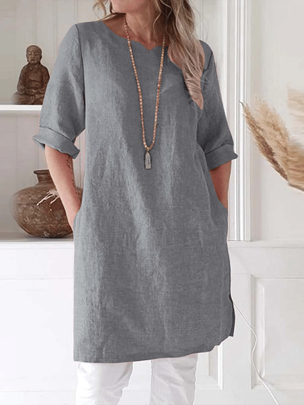 Women's Linen Tunic Dress - Breathable, Relaxed Fit, 3/4 Sleeve, Pockets Grey