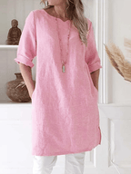 Women's Linen Tunic Dress - Breathable, Relaxed Fit, 3/4 Sleeve, Pockets Light Pink