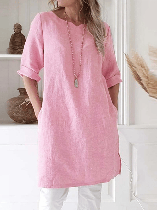 Women's Linen Tunic Dress - Breathable, Relaxed Fit, 3/4 Sleeve, Pockets Light Pink