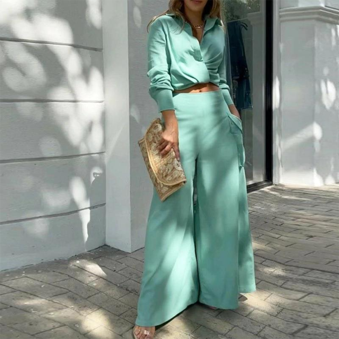 Women's Linen Two-Piece Set - Long Sleeve Wrap Top & High-Waist Trousers Green