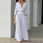 Women's Linen Two-Piece Set - Long Sleeve Wrap Top & High-Waist Trousers White