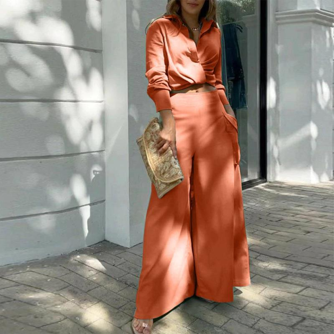 Women's Linen Two-Piece Set - Long Sleeve Wrap Top & High-Waist Trousers Orange