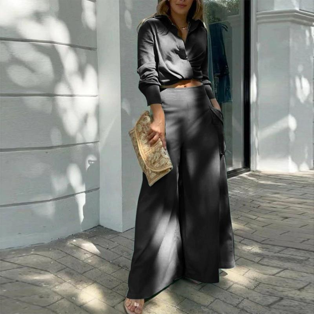 Women's Linen Two-Piece Set - Long Sleeve Wrap Top & High-Waist Trousers Black