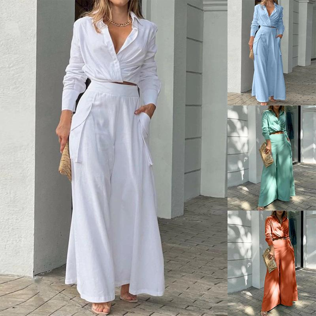 Women's Linen Two-Piece Set - Long Sleeve Wrap Top & High-Waist Trousers