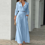 Women's Linen Two-Piece Set - Long Sleeve Wrap Top & High-Waist Trousers Blue