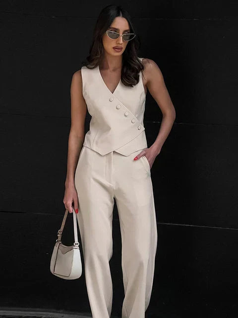 Women’s Linen Co-Ord Set – Sleeveless Waistcoat Top & Wide-Leg Trousers Beige