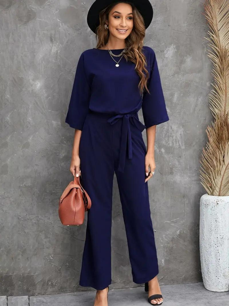 Women's Linen Wide Leg Jumpsuit - Belted Waist, Three-Quarter Sleeve Blue