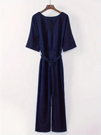 Women's Linen Wide Leg Jumpsuit - Belted Waist, Three-Quarter Sleeve