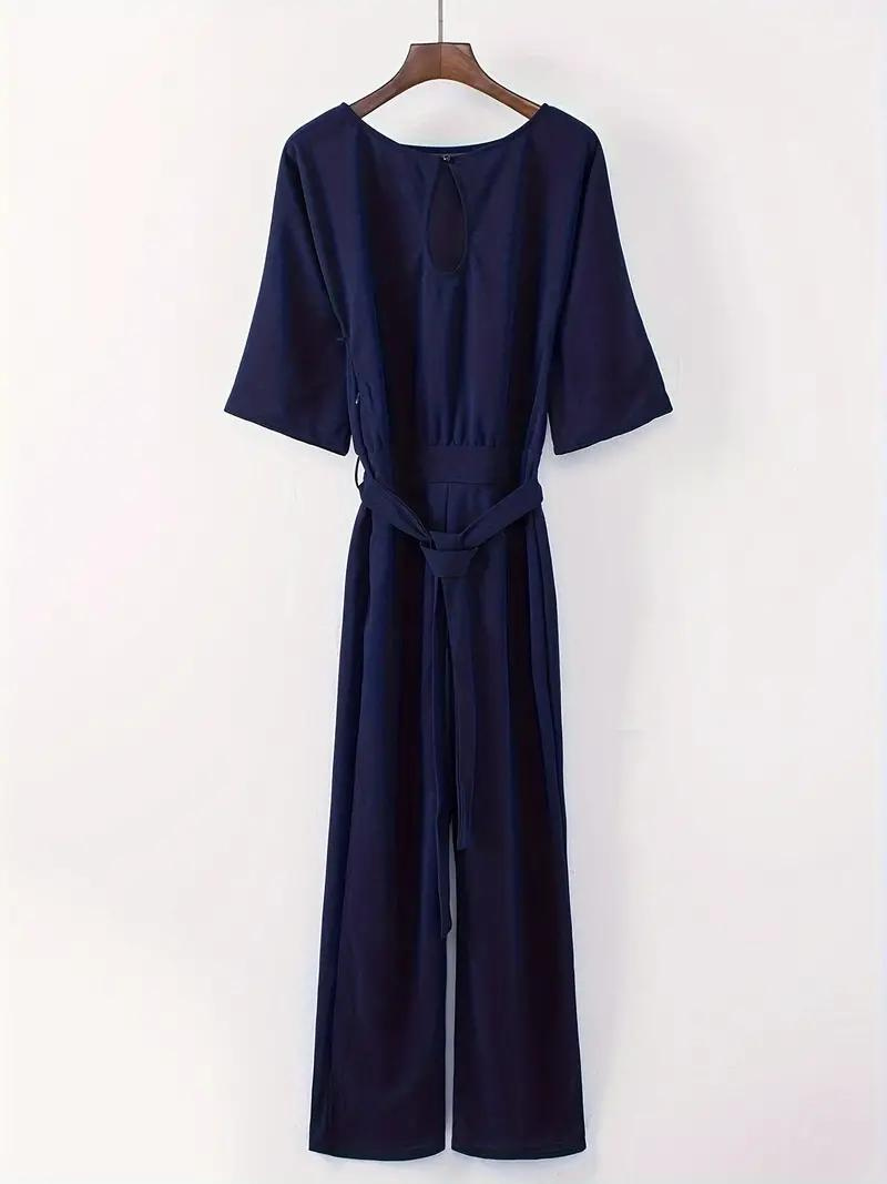 Women's Linen Wide Leg Jumpsuit - Belted Waist, Three-Quarter Sleeve