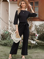 Women's Linen Wide Leg Jumpsuit - Belted Waist, Three-Quarter Sleeve