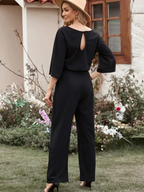 Women's Linen Wide Leg Jumpsuit - Belted Waist, Three-Quarter Sleeve