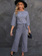 Women's Linen Wide Leg Jumpsuit - Belted Waist, Three-Quarter Sleeve