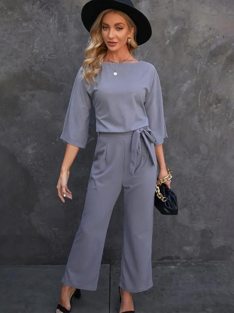 Women's Linen Wide Leg Jumpsuit - Belted Waist, Three-Quarter Sleeve