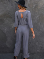 Women's Linen Wide Leg Jumpsuit - Belted Waist, Three-Quarter Sleeve