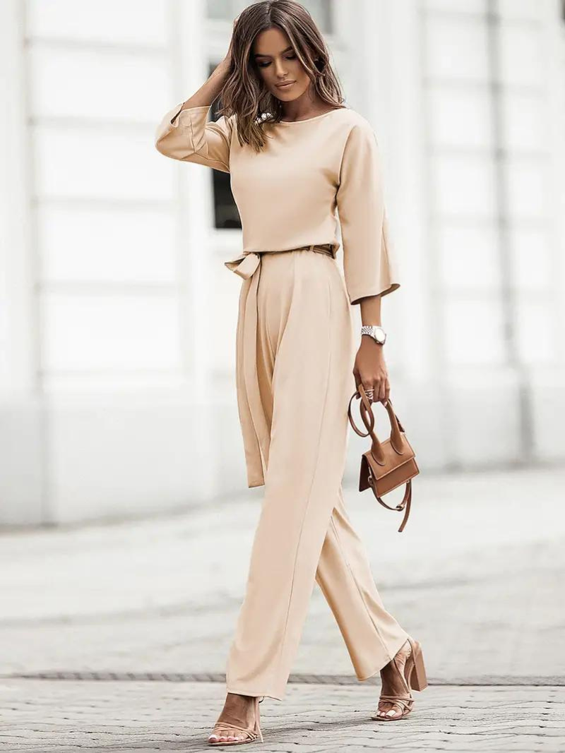 Women's Linen Wide Leg Jumpsuit - Belted Waist, Three-Quarter Sleeve Beige
