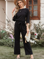 Women's Linen Wide Leg Jumpsuit - Belted Waist, Three-Quarter Sleeve Black