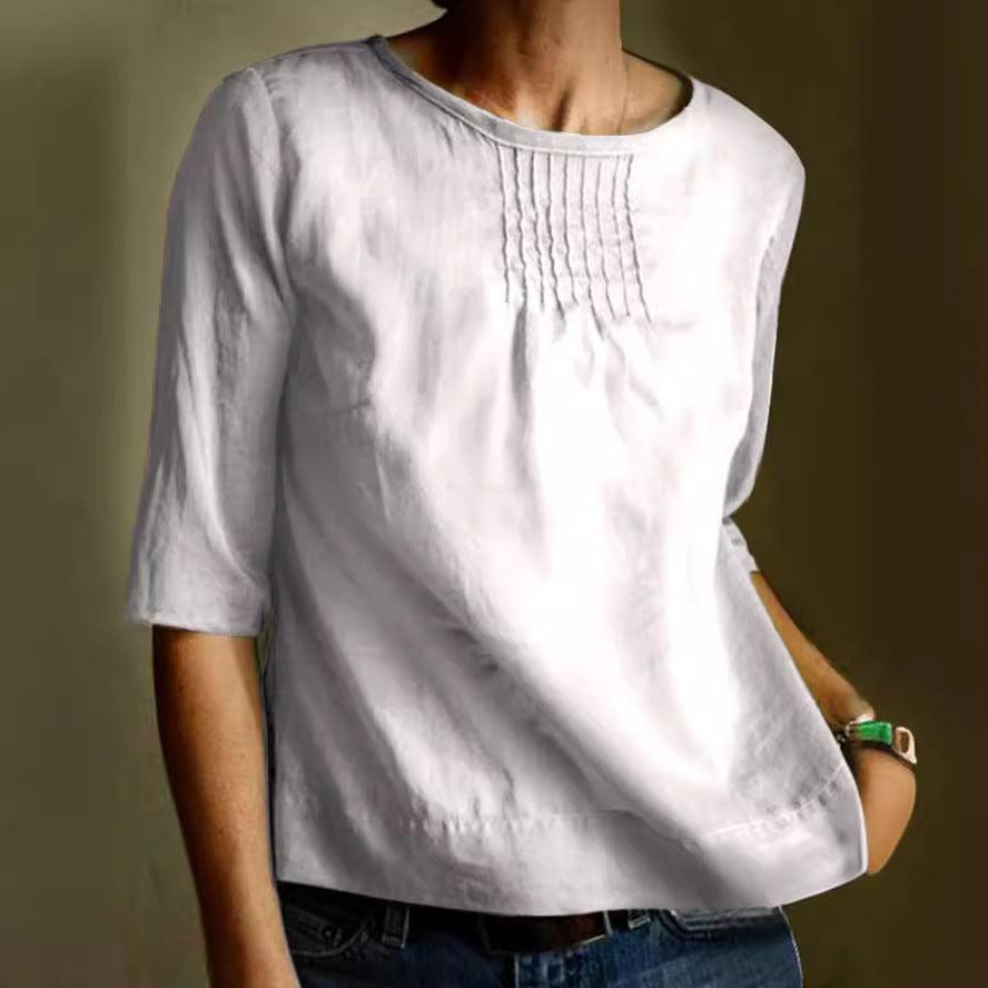 Women's Loose Fit Cotton Linen Blend Blouse - 3/4 Sleeve, Pleated Front White