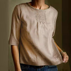 Women's Loose Fit Cotton Linen Blend Blouse - 3/4 Sleeve, Pleated Front Khaki