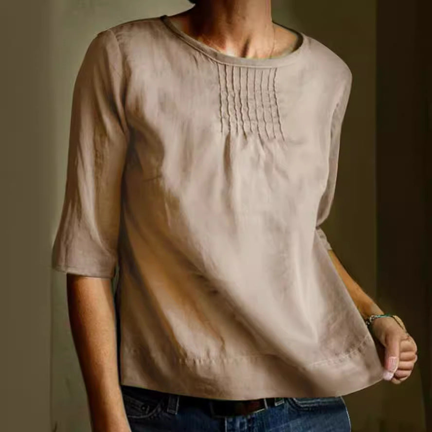 Women's Loose Fit Cotton Linen Blend Blouse - 3/4 Sleeve, Pleated Front Khaki