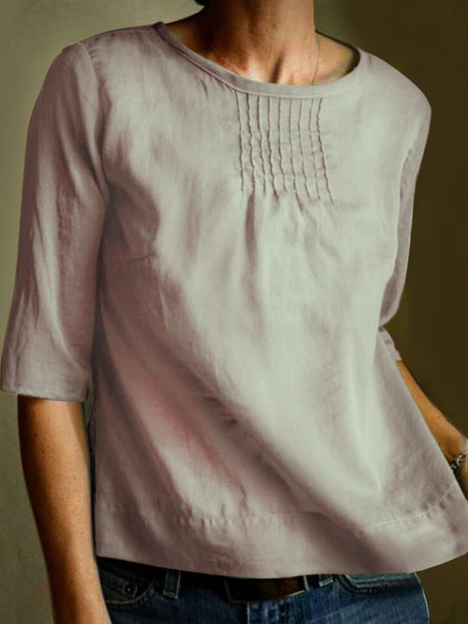 Women's Loose Fit Cotton Linen Blend Blouse - 3/4 Sleeve, Pleated Front Grey