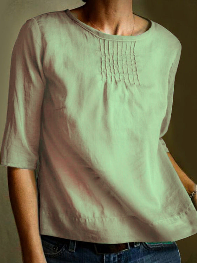 Women's Loose Fit Cotton Linen Blend Blouse - 3/4 Sleeve, Pleated Front Green