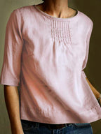 Women's Loose Fit Cotton Linen Blend Blouse - 3/4 Sleeve, Pleated Front Light Pink