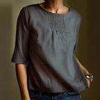 Women's Loose Fit Cotton Linen Blend Blouse - 3/4 Sleeve, Pleated Front Black
