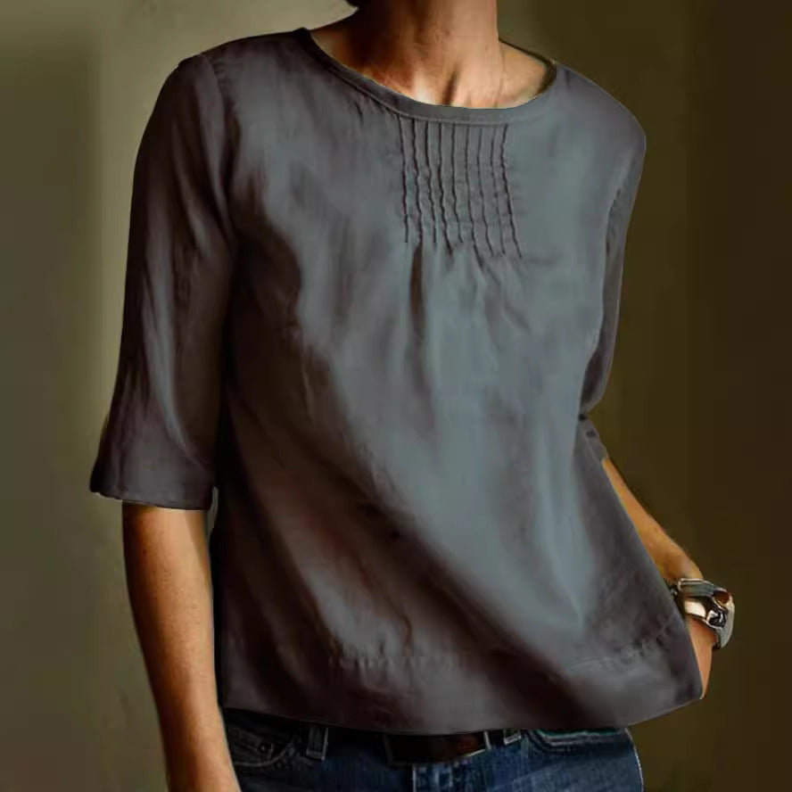 Women's Loose Fit Cotton Linen Blend Blouse - 3/4 Sleeve, Pleated Front Black