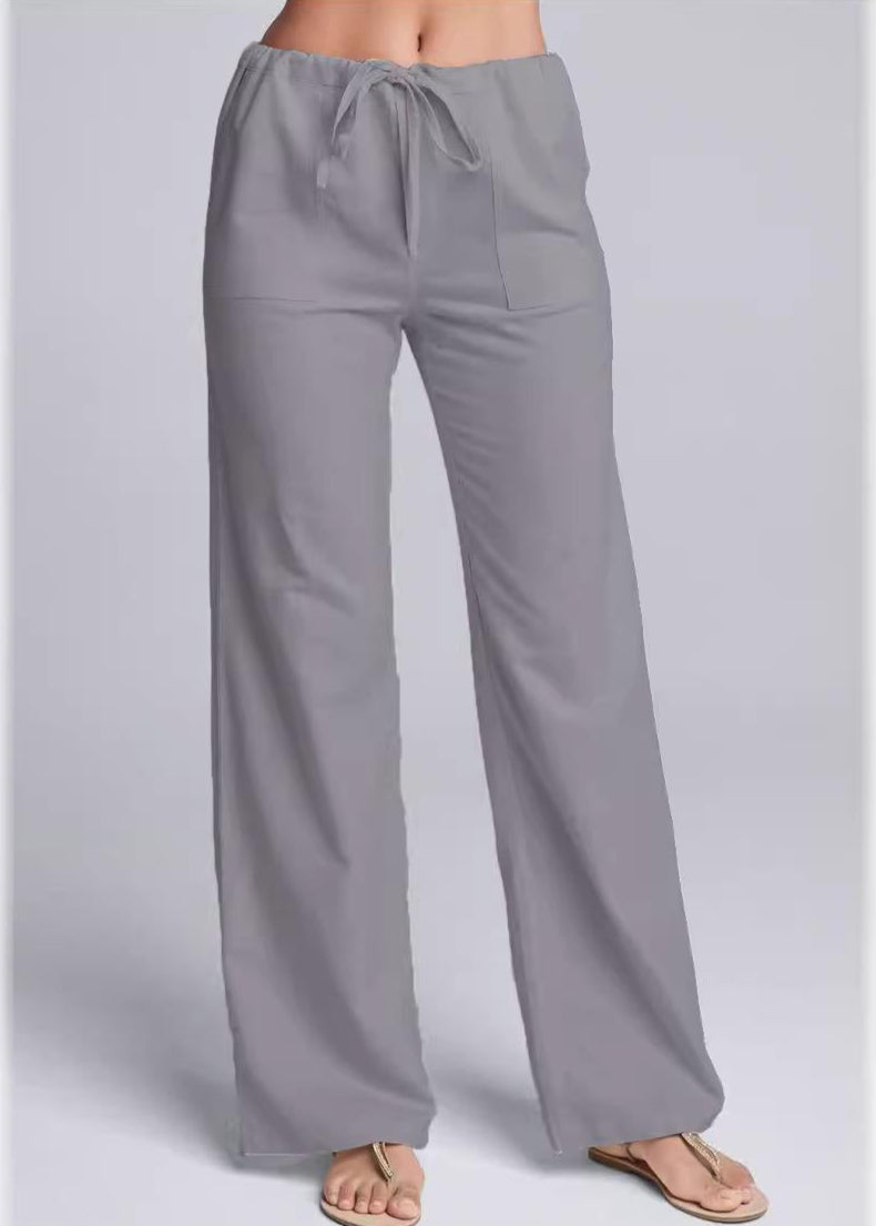 Women's Loose Fit Cotton Linen Blend Casual Trousers with Drawstring Waist Grey