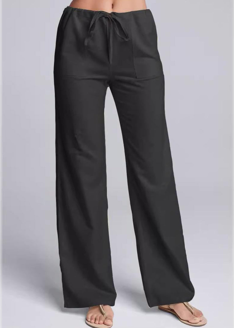 Women's Loose Fit Cotton Linen Blend Casual Trousers with Drawstring Waist Black