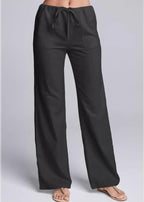 Women's Loose Fit Cotton Linen Blend Casual Trousers with Drawstring Waist Black