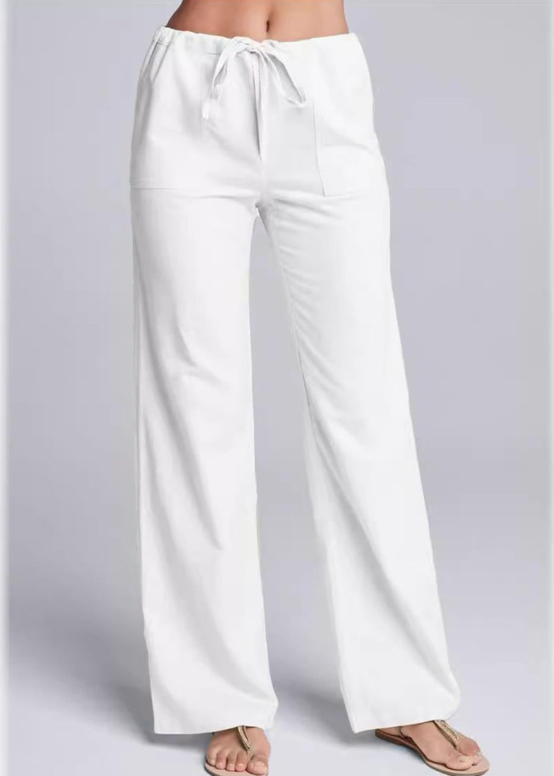 Women's Loose Fit Cotton Linen Blend Casual Trousers with Drawstring Waist White