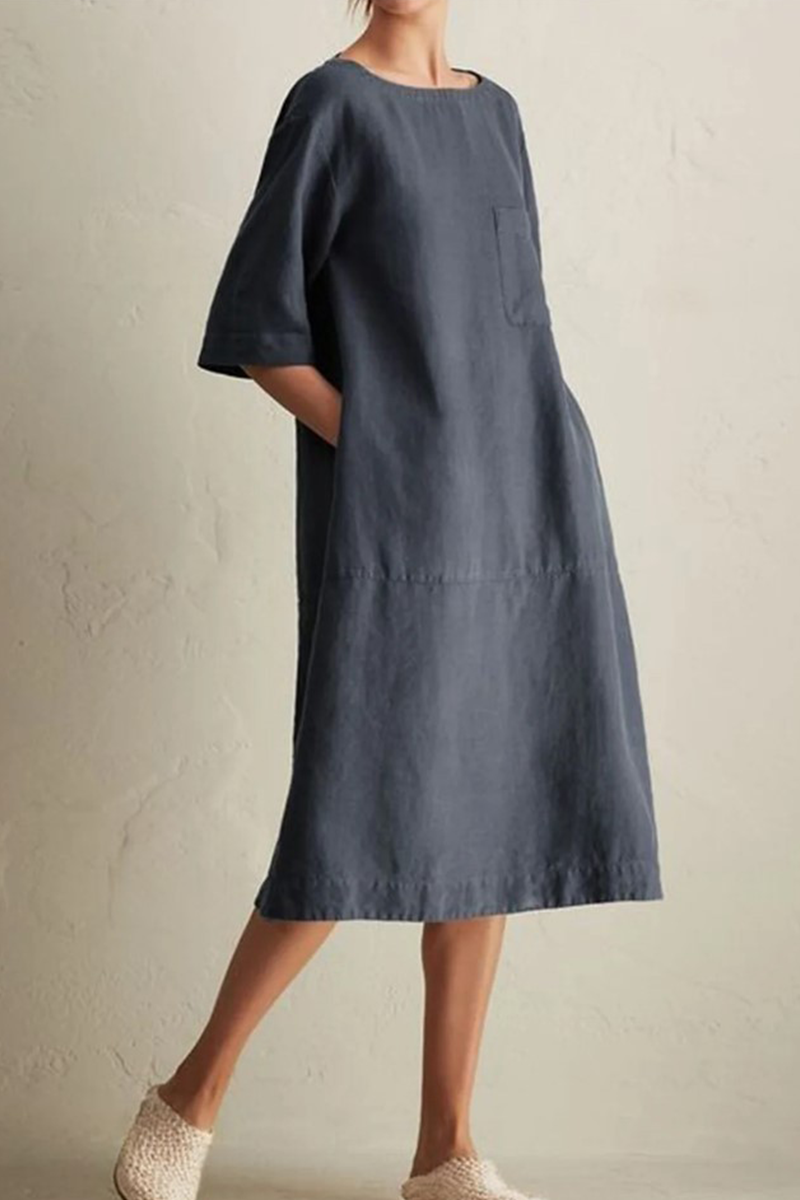 Women's Loose Fit Knee-Length Linen Dress - Half Sleeve, Round Neck
