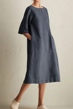 Women's Loose Fit Knee-Length Linen Dress - Half Sleeve, Round Neck